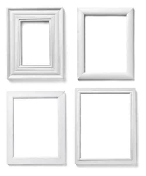 collection of  various white wood frames on white background. each one is shot separately